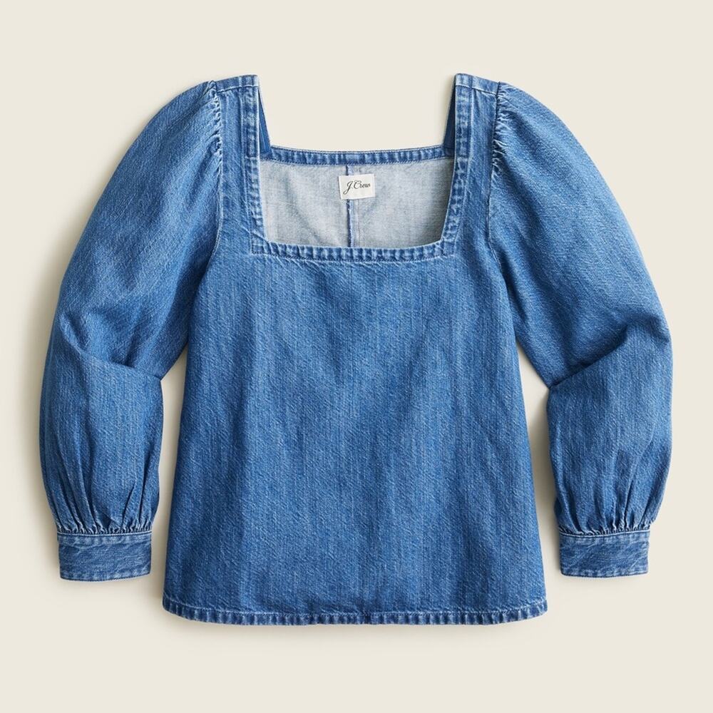 J. Crew Medium Blue Denim Square-Neck 3/4 Sleeve Blouse Size M